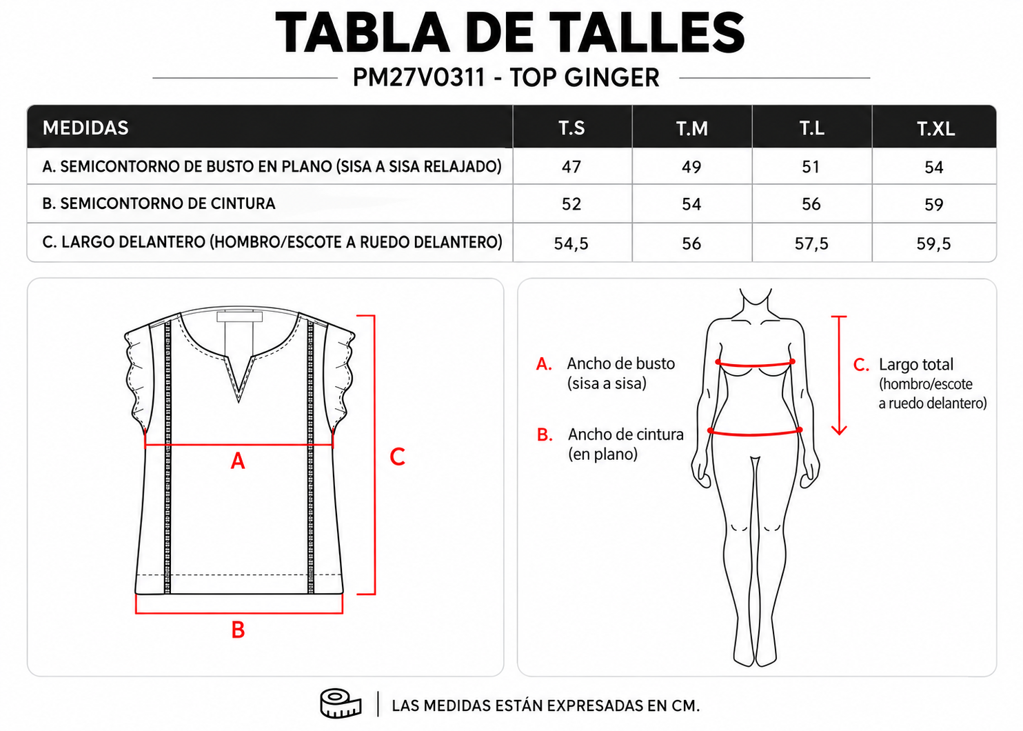 Tabla de talles Top Ginger ParteMia